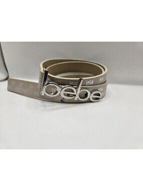 VTG Y2K Bebe Monogram Logo Belt Beige Tan Sand Silver Script Word Buckle Sz L